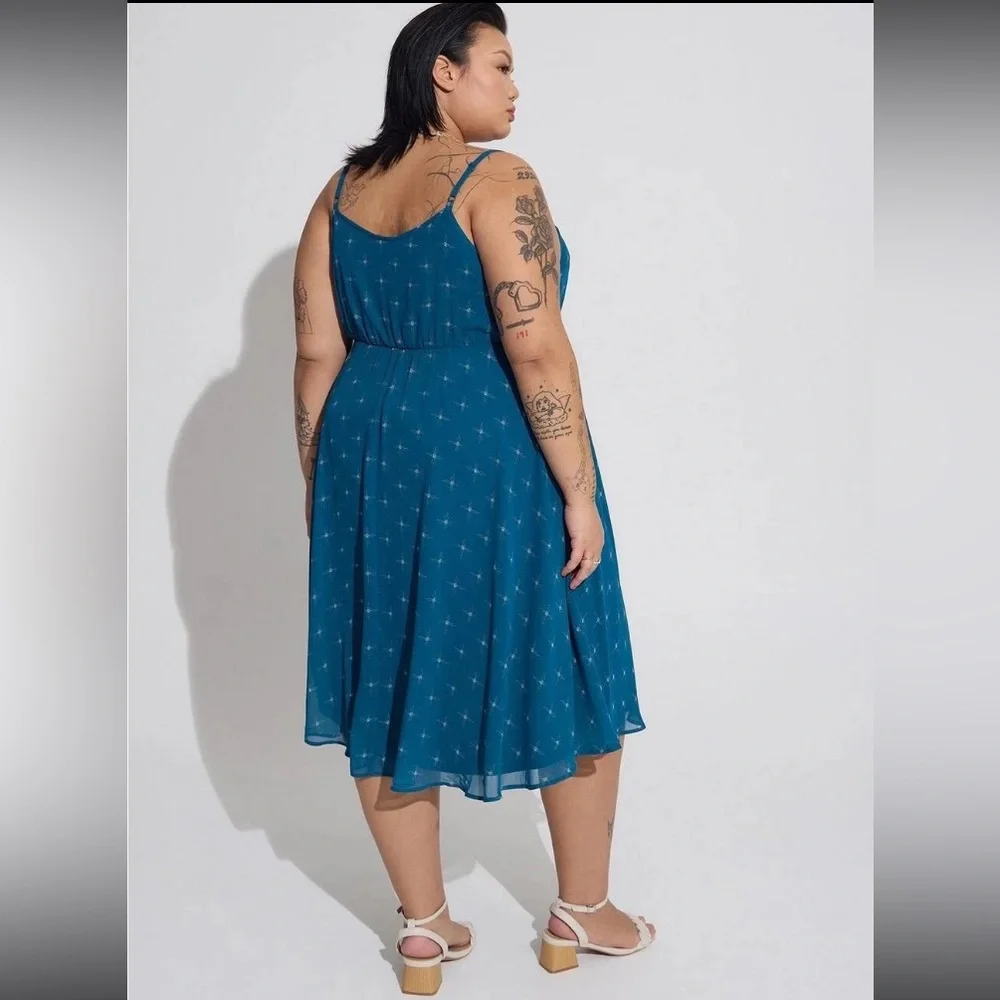 Torrid Midi Chiffon Pleated Dress Pockets Teal Starburst Flowy Elegant 4 4X 26 - Picture 4 of 16